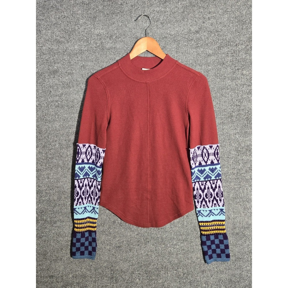 Free People We The Free Thermal Knit Top Medium Boho Pattern Sleeve Mock Neck